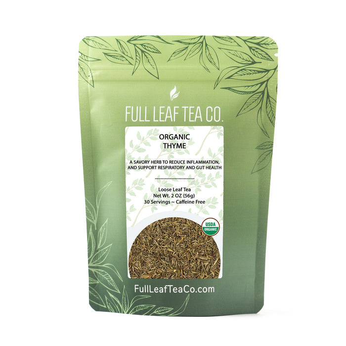 A 2oz bag of Full Leaf Tea Company Organic Thyme Loose Leaf Tea.