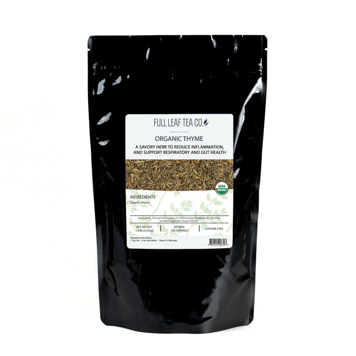 A 1/2 pound bag of Full Leaf Tea Company Organic Thyme Loose Leaf Tea.