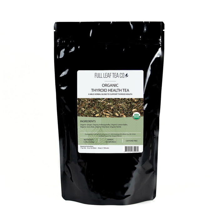 A 1/2 pound bag of Full Leaf Tea Company Organic Thyroid Health Loose Leaf Tea.