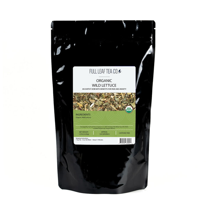 A 1/2 pound bag of Full Leaf Tea Company Organic Wild Lettuce Loose Leaf Tea.