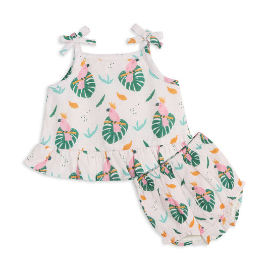 Parrot Shoulder Tie Baby Top + Bottom Set (Organic Muslin)