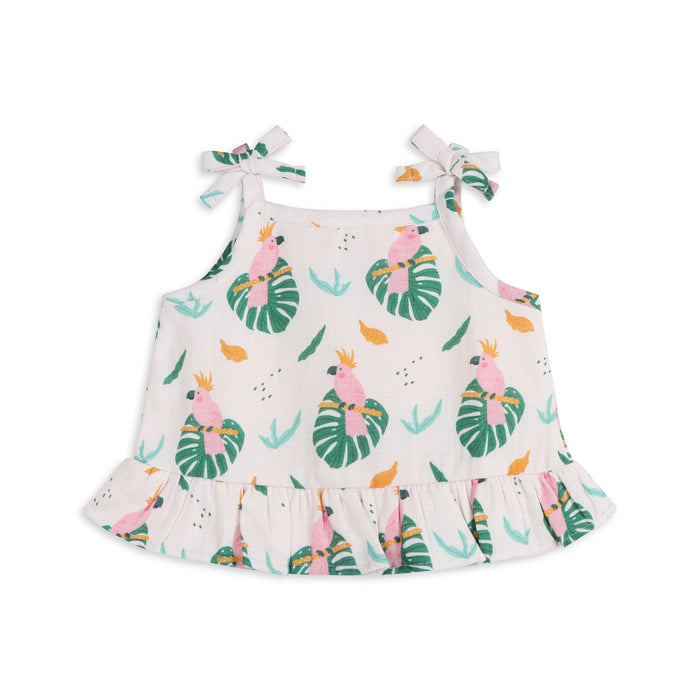 Parrot Shoulder Tie Baby Top + Bottom Set (Organic Muslin)