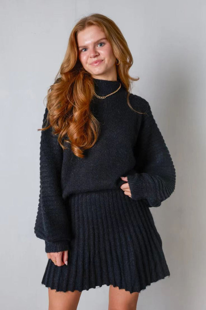 Pebbles chic long-sleeve sweater and matching mini skirt set for women