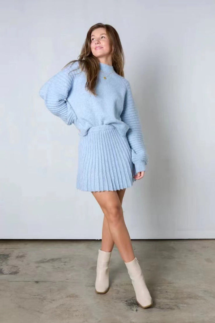 Pebbles chic long-sleeve sweater and matching mini skirt set for women