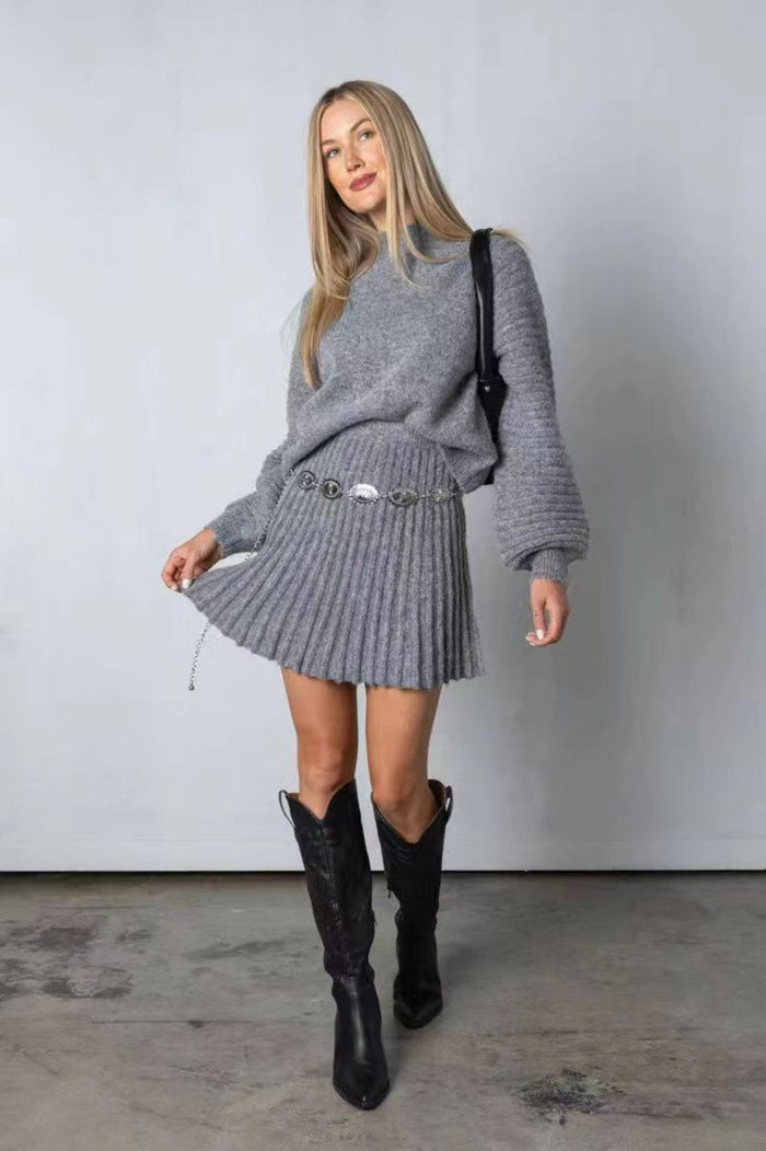 Pebbles chic long-sleeve sweater and matching mini skirt set for women
