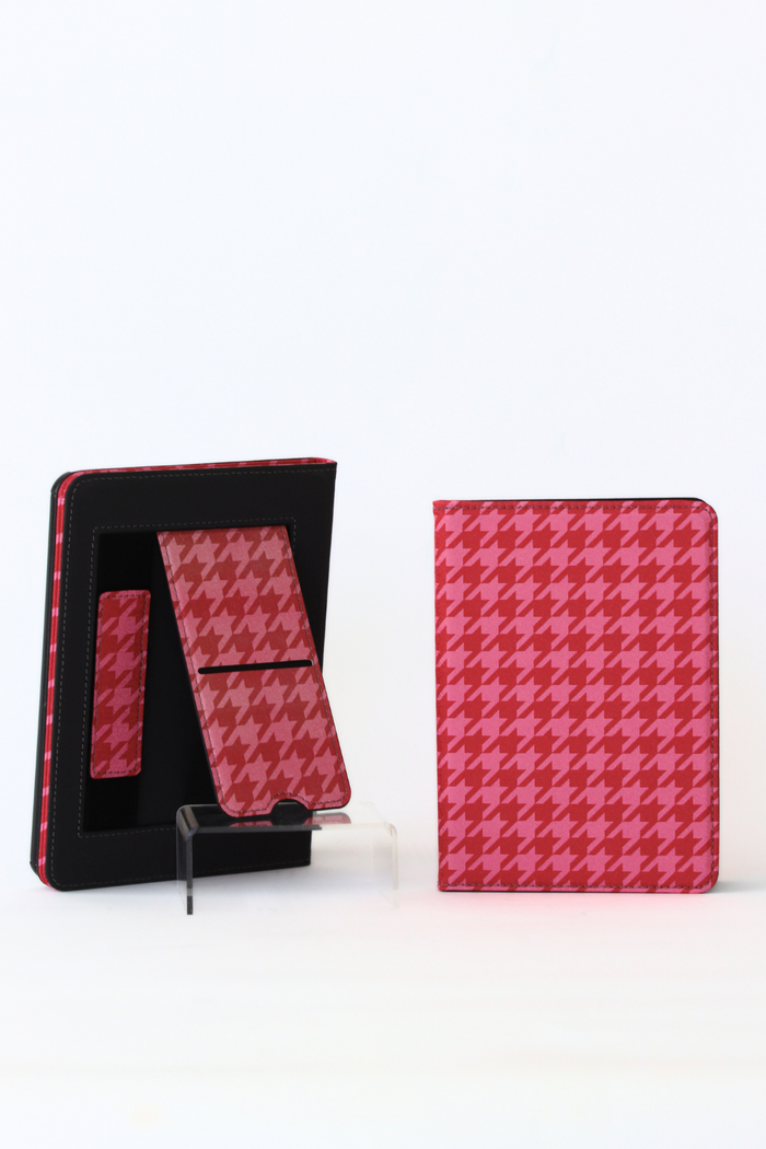 Red houndstooth patterned product on a white background