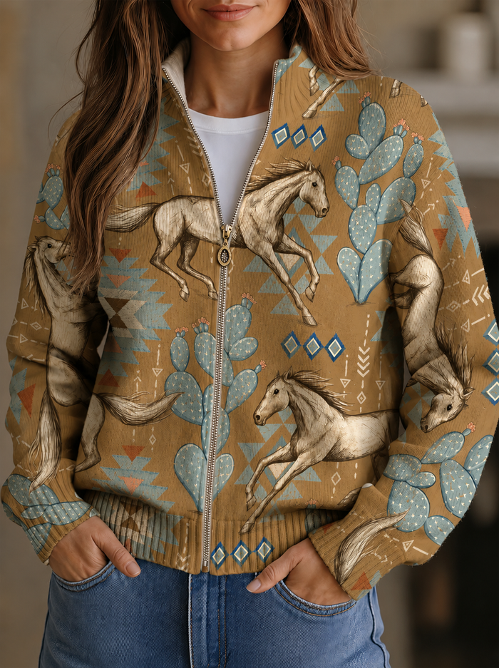 Tan zip cardigan with cream horses, sage cactus, and blue diamond Southwestern print