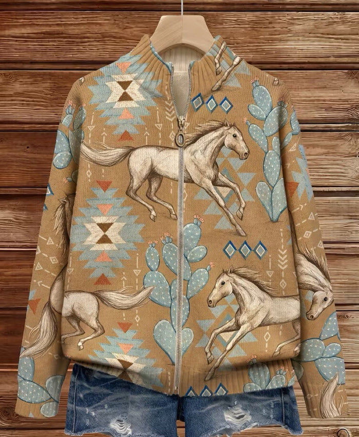 Tan zip cardigan with cream horses, sage cactus, and blue diamond Southwestern print
