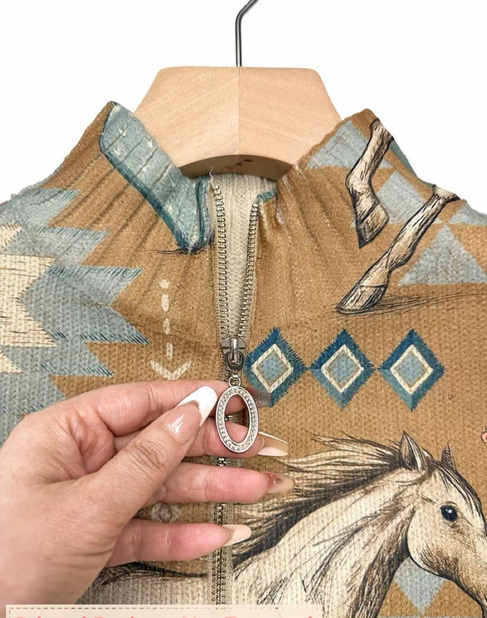 Tan zip cardigan with cream horses, sage cactus, and blue diamond Southwestern print