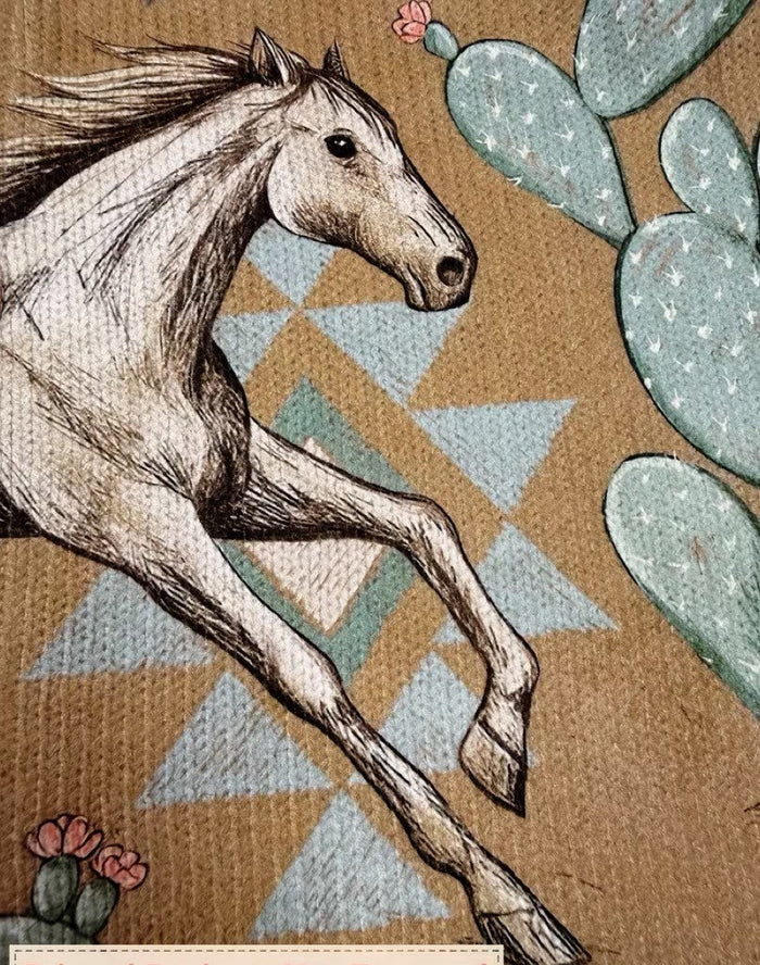 Tan zip cardigan with cream horses, sage cactus, and blue diamond Southwestern print