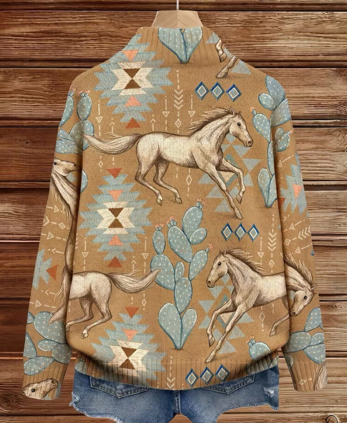 Tan zip cardigan with cream horses, sage cactus, and blue diamond Southwestern print