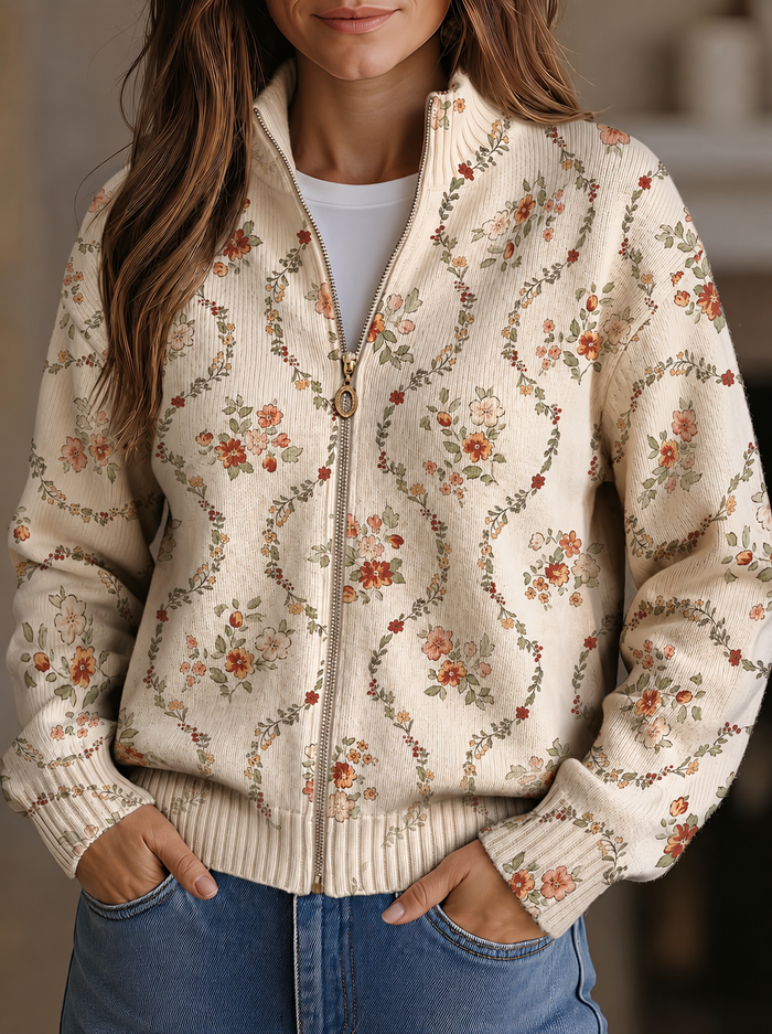Cream zip-front cardigan with a delicate floral vine print in peach, rust, and sage