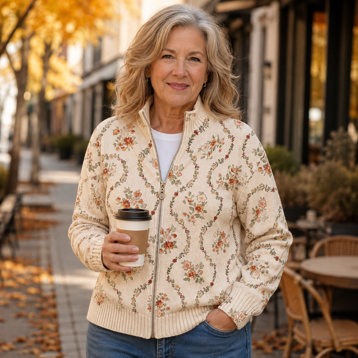Cream zip-front cardigan with a delicate floral vine print in peach, rust, and sage
