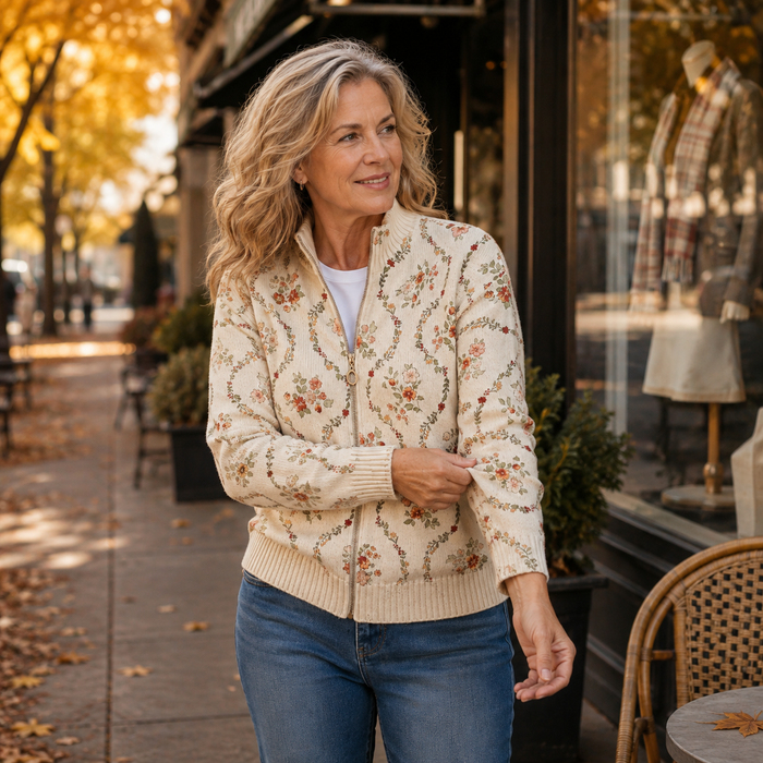 Cream zip-front cardigan with a delicate floral vine print in peach, rust, and sage