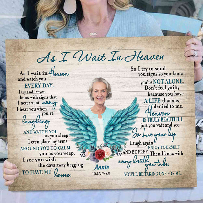 Personalize Memorial Gifts For Loss Of Mother, As I Wait In Heaven Angel Wings Canvas Prints