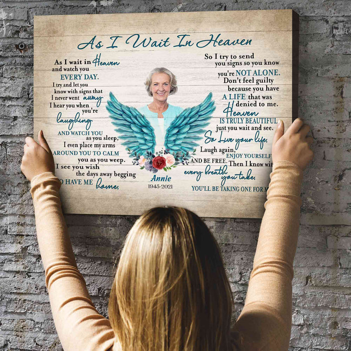 Personalize Memorial Gifts For Loss Of Mother, As I Wait In Heaven Angel Wings Canvas Prints
