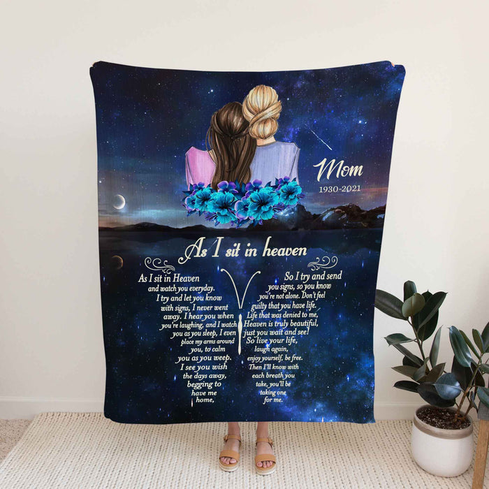 Personalized Memorial Blankets For Loss Of Mother, In Loving Memory Blankets, As I Sit In Heaven Condolence Blankets