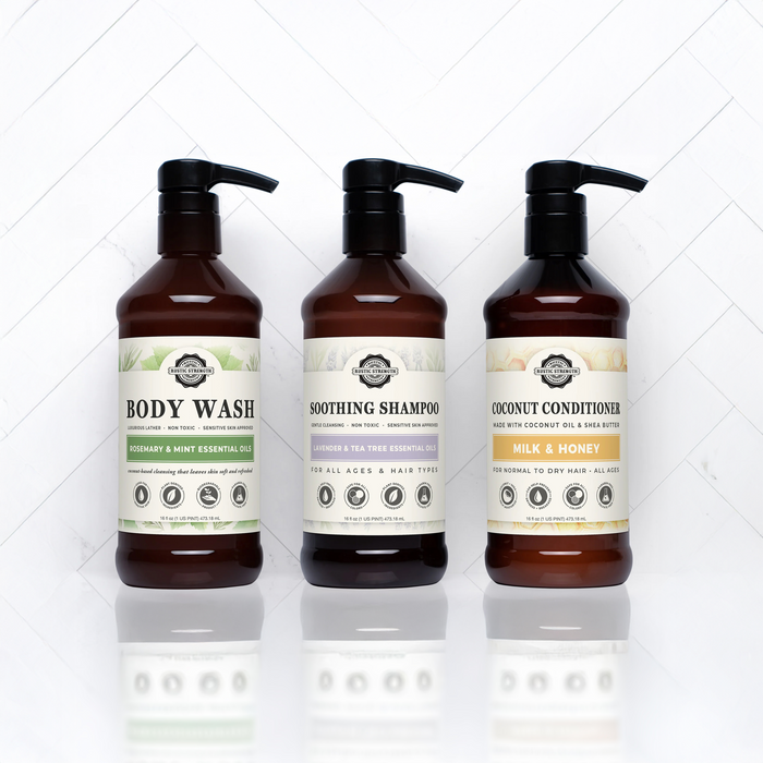 Rustic Strength, Personalized Shower Spa Set, Rosemary & Mint Body Wash, Lavender & Tea Tree Shampoo and Milk & Honey Coconut Conditioner