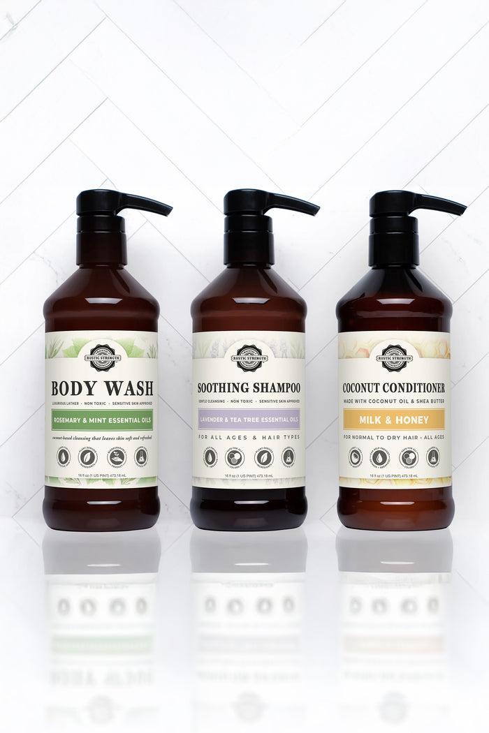 Rustic Strength, Personalized Shower Spa Set, Rosemary & Mint Body Wash, Lavender & Tea Tree Shampoo and Milk & Honey Coconut Conditioner