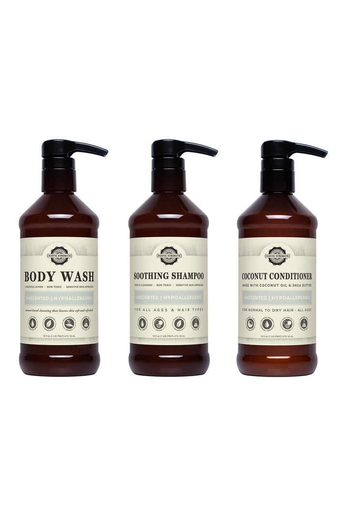 Rustic Strength, 16 oz Personalized Shower Spa Set, Unscented Body Wash, Unscented Shampoo and Unscented Coconut Conditioner
