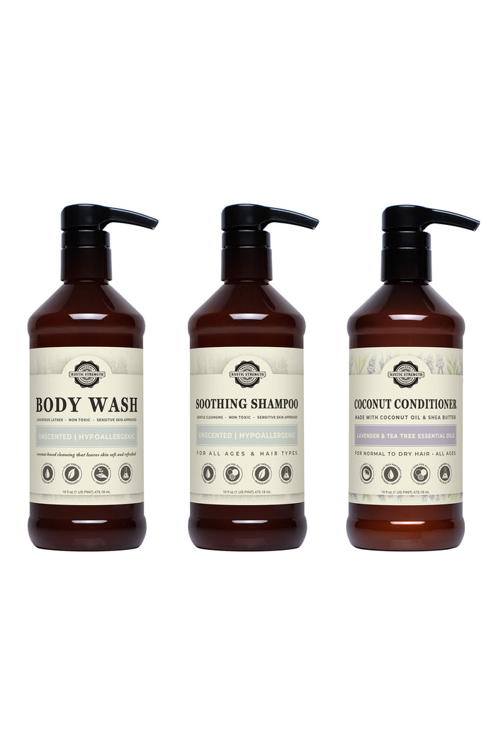 Rustic Strength, Personalized Shower Spa Set, Unscented Body Wash, Unscented Shampoo and Lavender & Tea Tree Coconut Conditioner