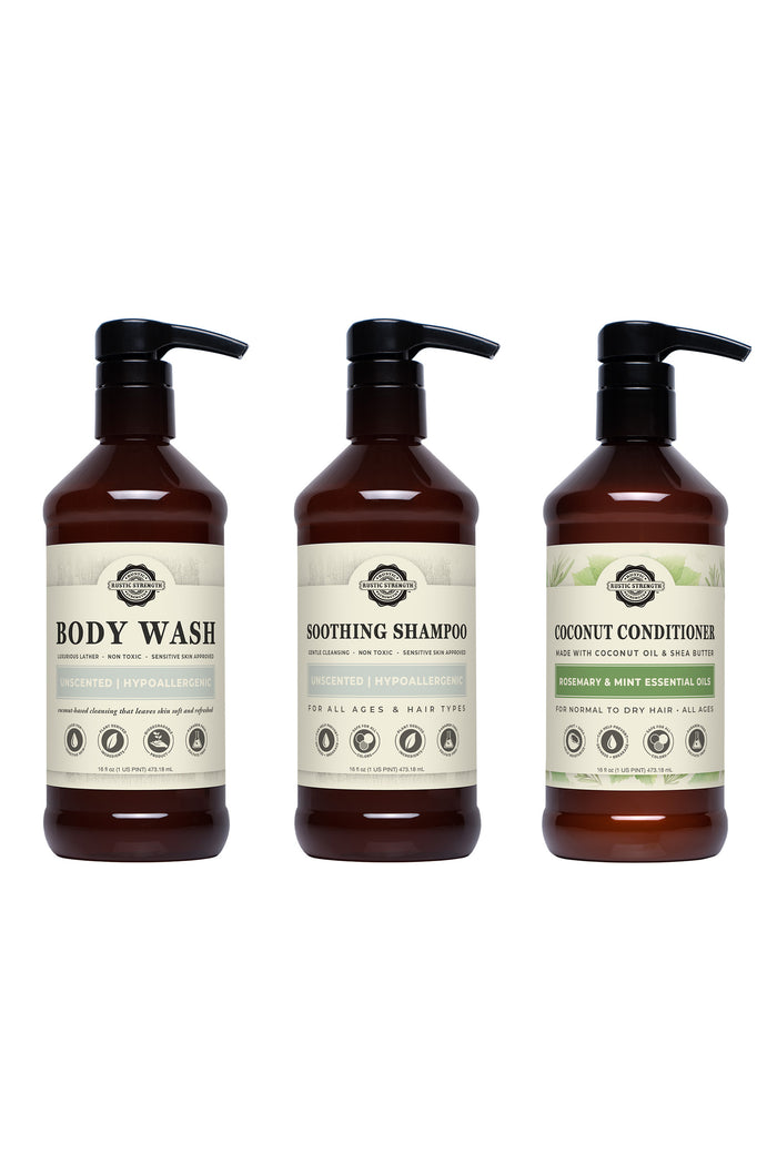 Rustic Strength, Personalized Shower Spa Set, Unscented Body Wash, Unscented Shampoo and Rosemary & Mint Coconut Conditioner