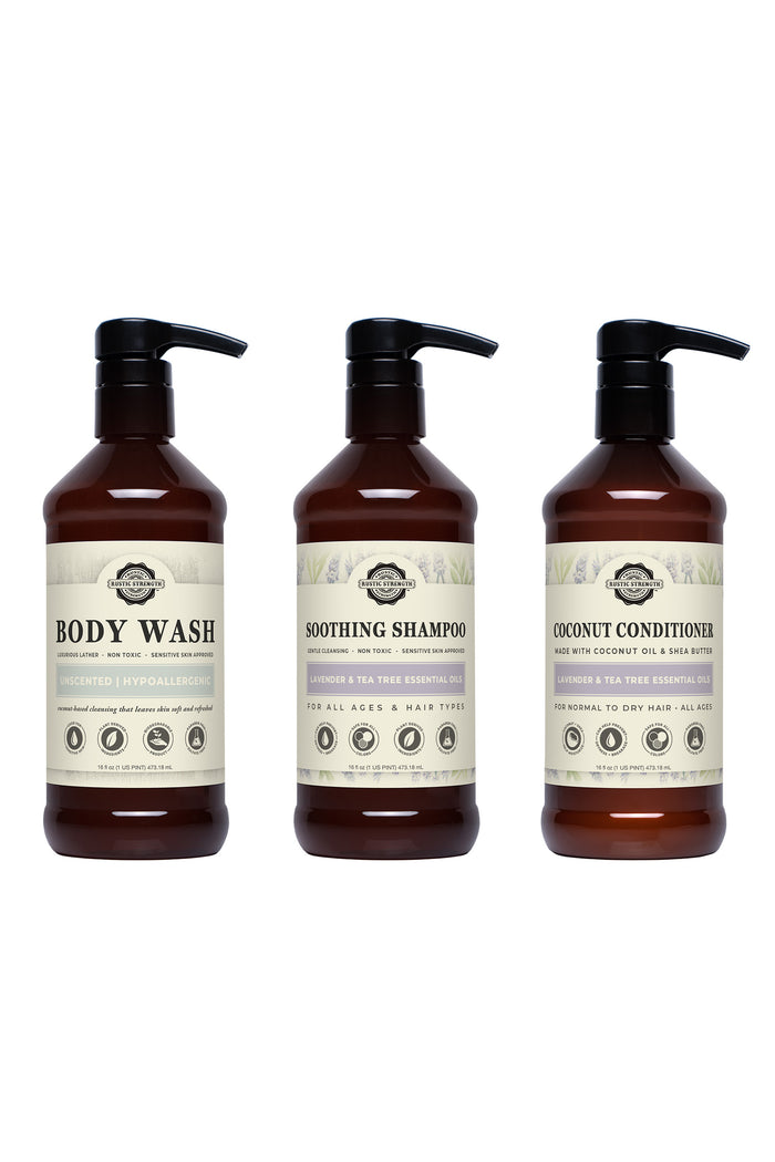 Rustic Strength, Personalized Shower Spa Set, Unscented Body Wash, Lavender & Tea Tree Shampoo and Lavender & Tea Tree Coconut Conditioner