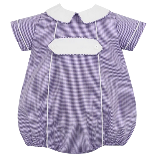 Petit Bebe Purple Gingham Boy's Bubble w/ White Tab