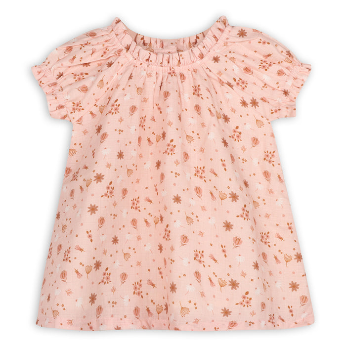 Pink Floral Puff Sleeve Baby Dress + Bloomer Set (Organic Muslin)