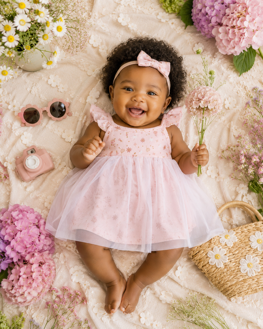 Baby Wearing Pink Floral Tutu Romper Baby Dress, Organic Jersey by Viverano