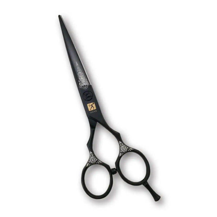 Hand Made Japan Steel Hair Cutting Shears Black Tribal - 6 inch - BUYBARBER.COM