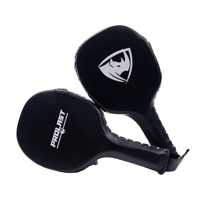 PROLAST boxing paddles in black, a pair overlapping to show the rhino logo and PROLAST lettering