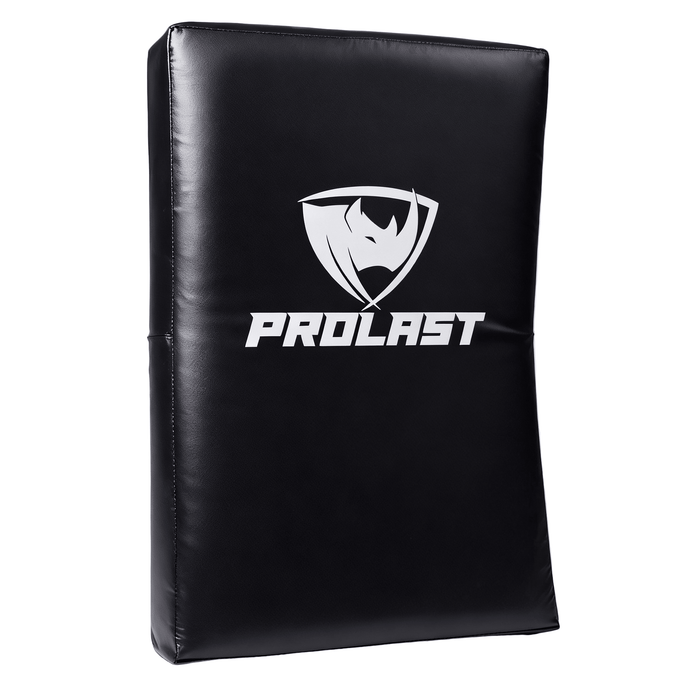 PROLAST kick shield in black, front view with the white PROLAST rhino logo