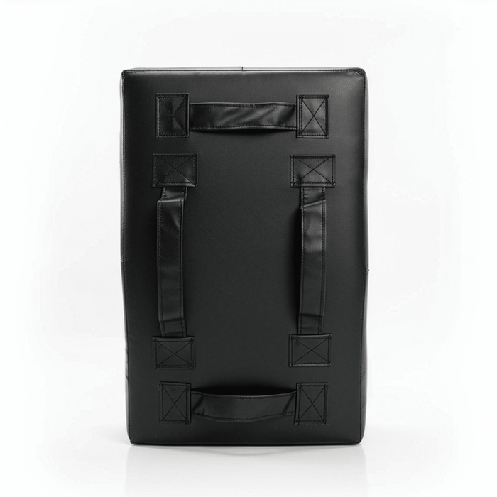 PROLAST kick shield in black, back view with two arm straps and top and bottom handles