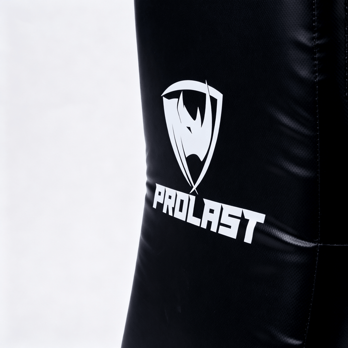 PROLAST kick shield in black, close-up of the white PROLAST rhino logo on the front