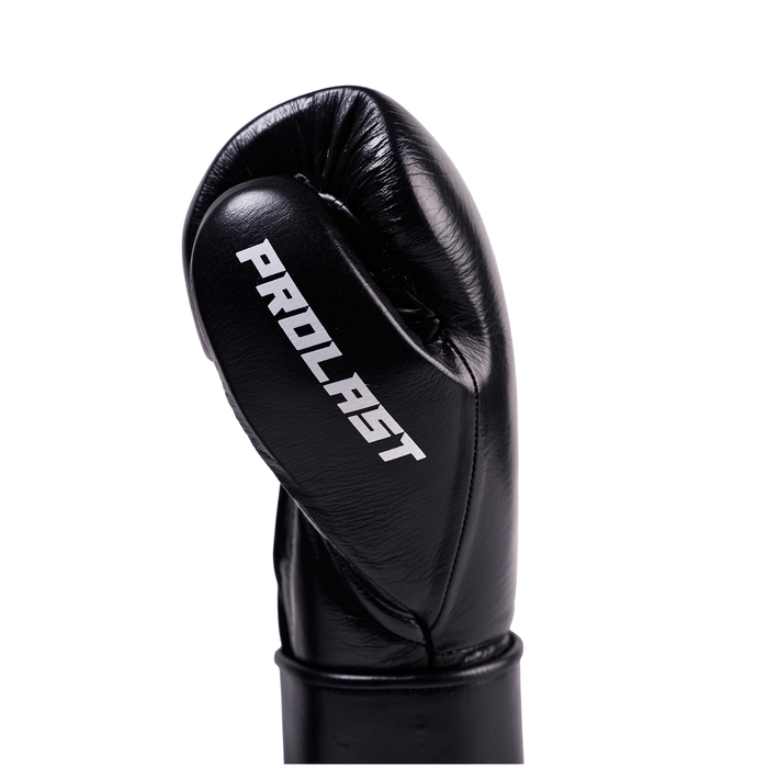 PROLAST PG professional boxing gloves in charcoal black, close-up of the other glove's side with PROLAST lettering