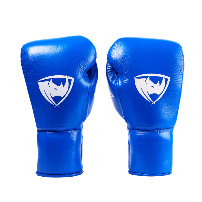 PROLAST PG professional lace-up boxing gloves in cobalt blue, pair front view with white rhino logos