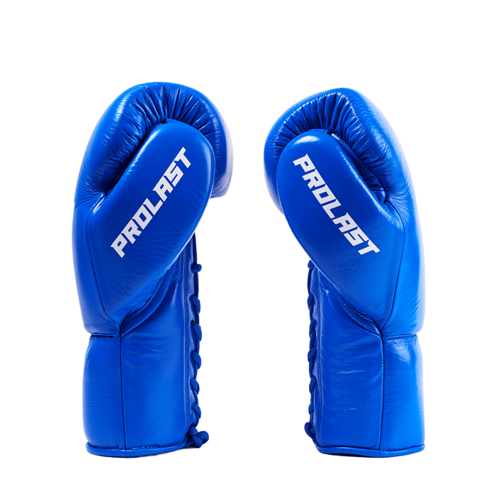 PROLAST PG professional lace-up boxing gloves in cobalt blue, pair side view with PROLAST lettering and blue laces