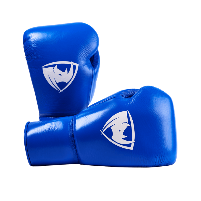PROLAST PG professional lace-up boxing gloves in cobalt blue, stacked pair with both white rhino logos showing