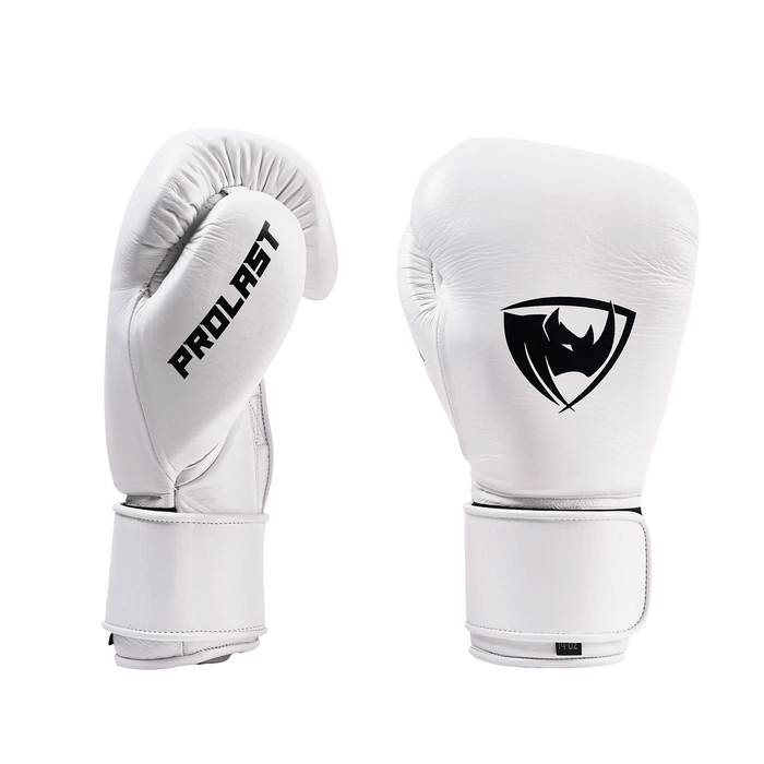 PROLAST PG professional boxing gloves in Columbian white with Velcro strap, pair showing PROLAST thumb side and rhino logo