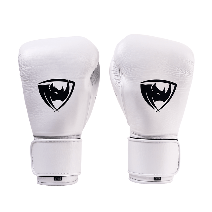 PROLAST PG professional boxing gloves in Columbian white with Velcro strap, pair front view with black rhino logos