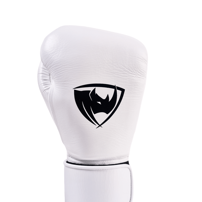 PROLAST PG professional boxing gloves in Columbian white, close-up of one glove front with black rhino logo
