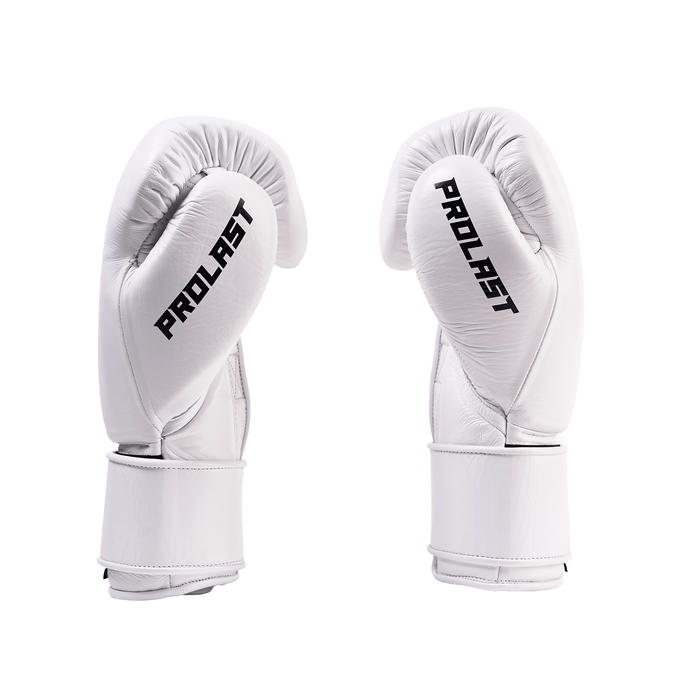 PROLAST PG professional boxing gloves in Columbian white with Velcro strap, pair side view with black PROLAST lettering
