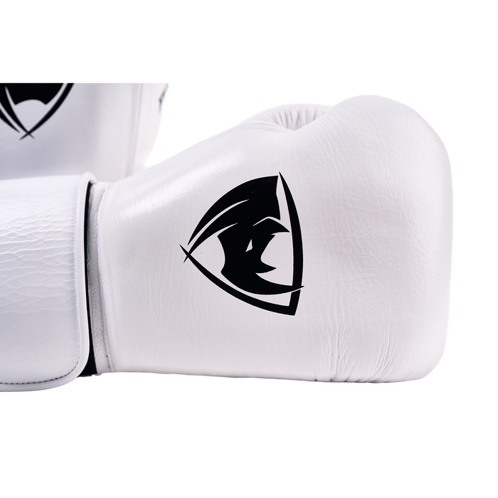 PROLAST PG professional boxing gloves in Columbian white, close-up of the black rhino logo and Velcro wrist strap