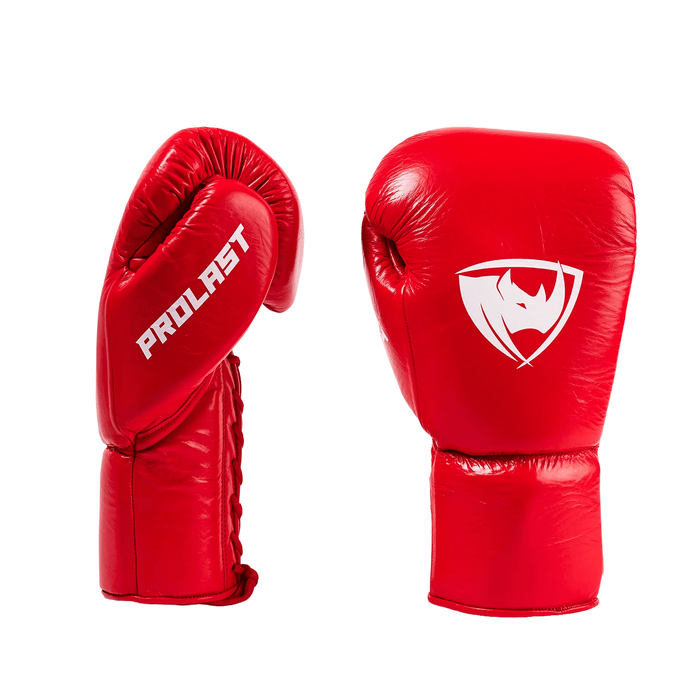 PROLAST PG professional lace-up boxing gloves in crimson red, pair showing the PROLAST thumb side, laces and white rhino logo