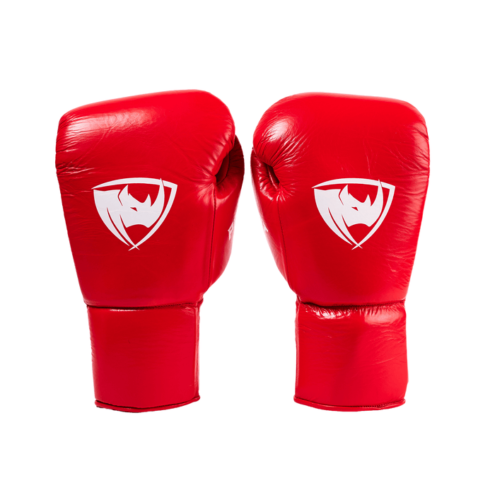 PROLAST PG professional lace-up boxing gloves in crimson red, pair front view with white rhino logos
