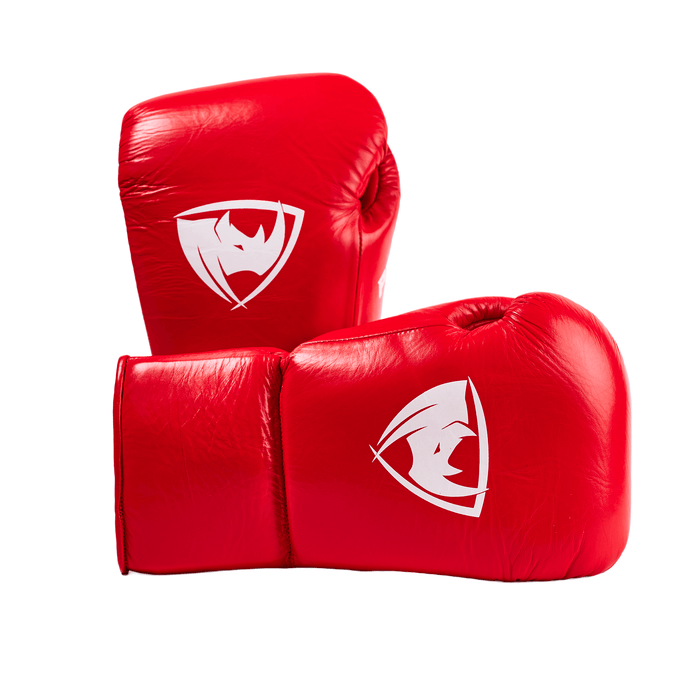 PROLAST PG professional lace-up boxing gloves in crimson red, stacked pair with both white rhino logos showing