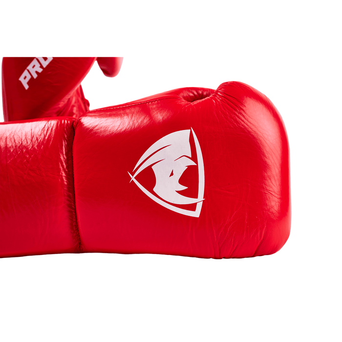 PROLAST PG professional lace-up boxing gloves in crimson red, close-up of the white rhino logo on the lying glove