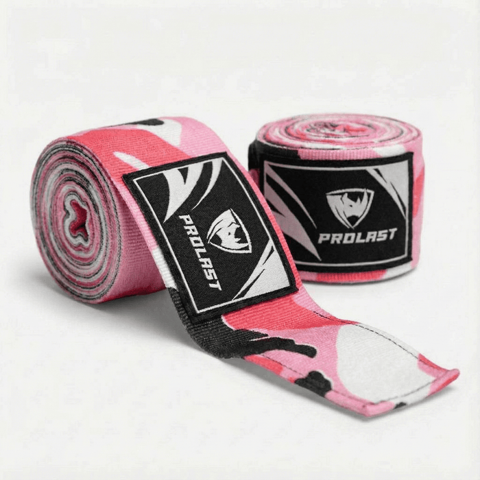 PROLAST 180 in professional boxing hand wraps in camo pink, two pink, white and black camo rolls, one partly unrolled