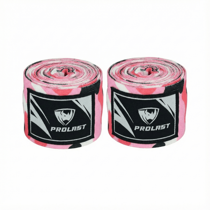 PROLAST 180 in professional boxing hand wraps in camo pink, two rolled pink camo wraps side by side with PROLAST rhino labels